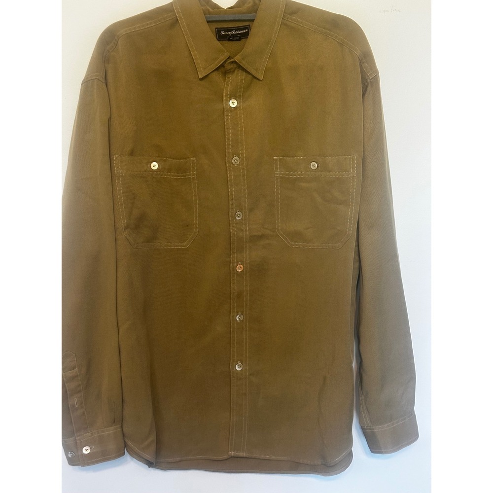 Tommy Bahama Island Soft 100% Tencel Long Sleeve Shirt Olive Brown Mens Large